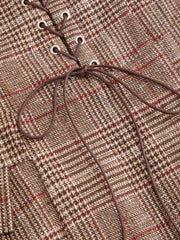 Plaid Square Neck Lace Up Pleated A-line Mini Cami Dress
