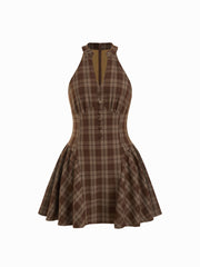 Plaid Halter V-neck Ruffle Mini Dress