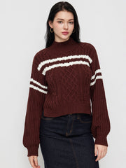 Cable Knit Striped Turtleneck Long Sleeve Top