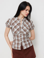 Plaid V-neck Puff Sleeve Split Front Blouse