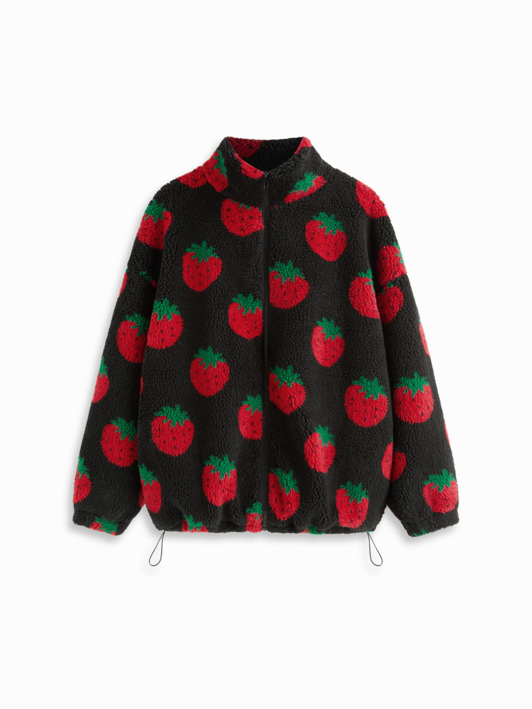 Fleece High Neck Strawberry Pocket Drawstring Oversized Jacket