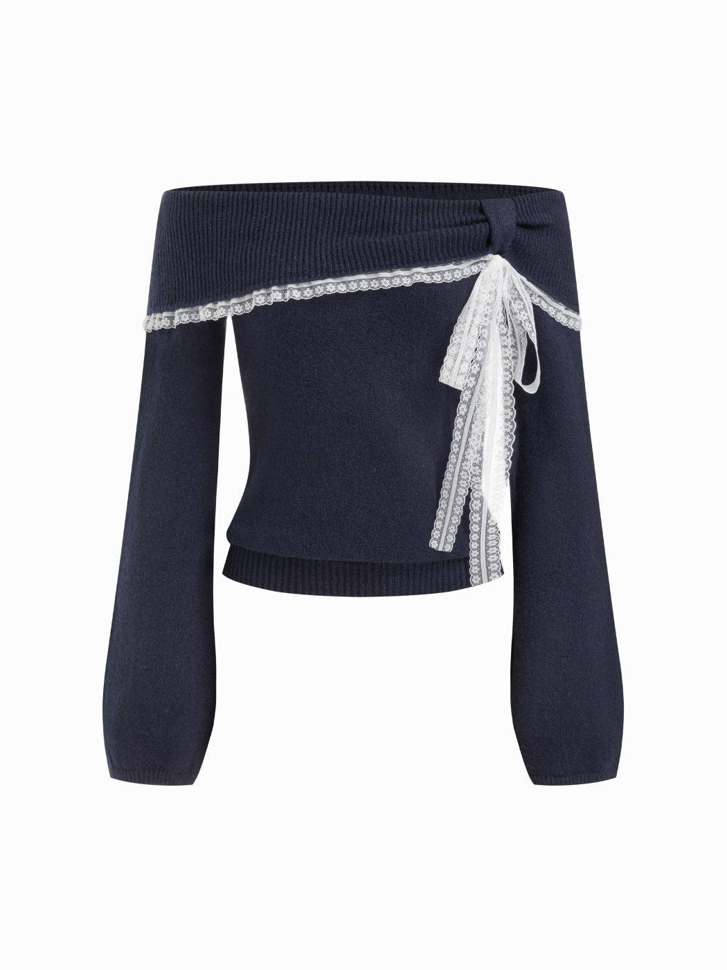 Knit Wool-blend Off-shoulder Lace Trim Long Sleeve Top