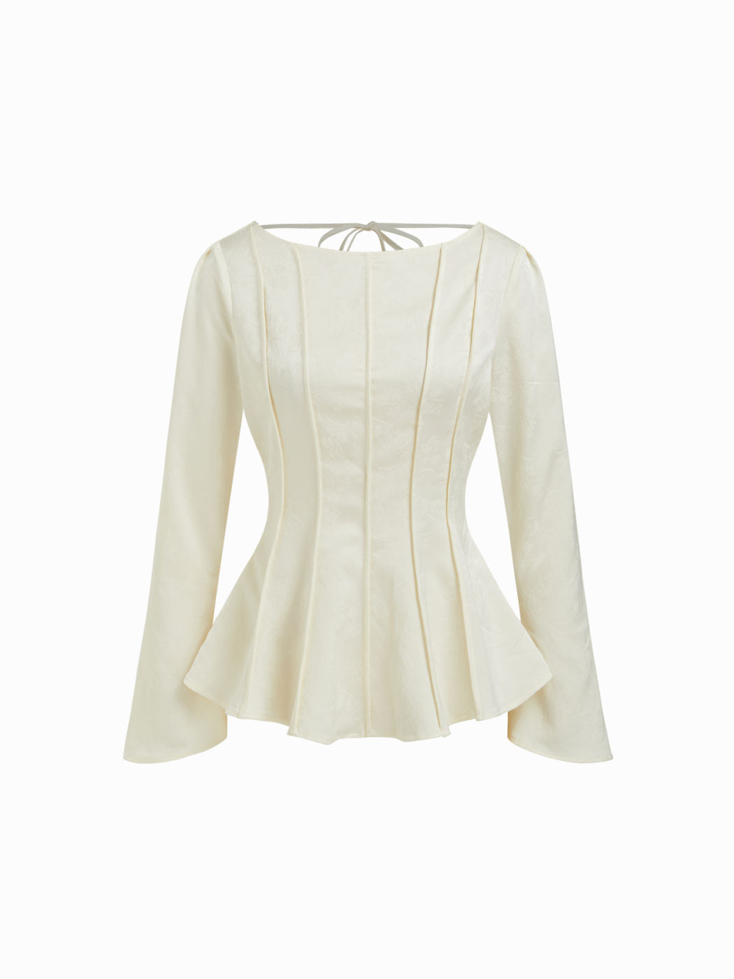 Floral Boat Neck Long Sleeve Backless Knotted Cinched Waist Blouse