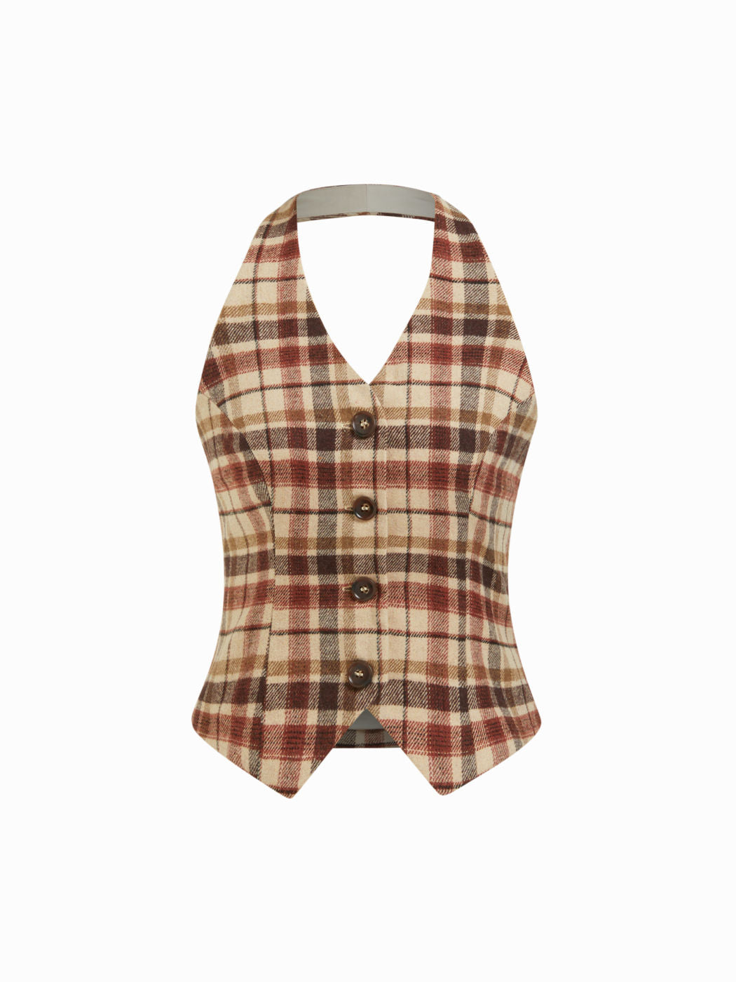 Wool-blend Plaid Halter V-neck Backless Button Belted Vest