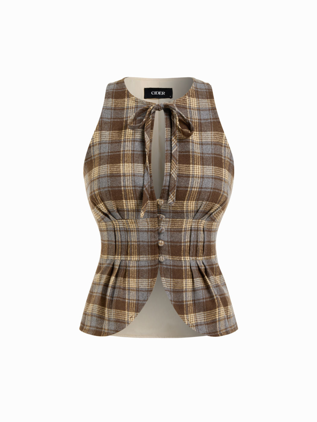 Cotton Plaid Cut Out Tie Front Pleated Crop Tank Top