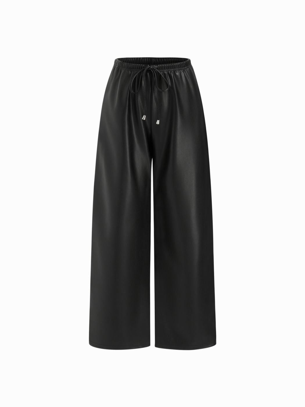 Faux Leather Mid Rise Drawstring Wide Leg Trousers