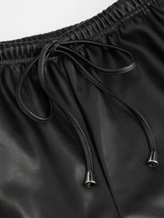 Faux Leather Mid Rise Drawstring Wide Leg Trousers