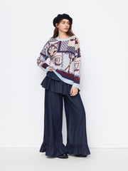 Knit Floral Spoon & Cup Pattern Colorblock Oversize Top