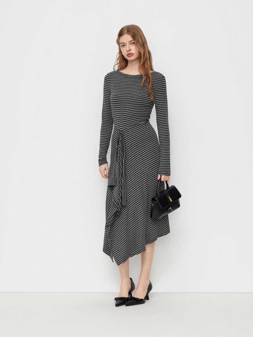 Round Neckline Striped Ruffle Split Long Sleeve Maxi Dress