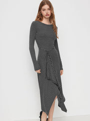 Round Neckline Striped Ruffle Split Long Sleeve Maxi Dress