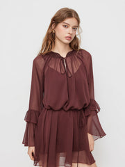 Chiffon High Neck Ruffle Knotted Mini Dress With Solid Cami Mini Dress