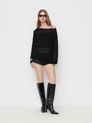 Knit Boat Neck Oversized Long Sleeve Top with Solid Cami Top