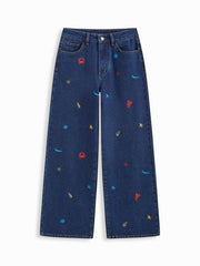 Cider Denim Low Rise Marine Life Embroidery Straight Leg Jeans