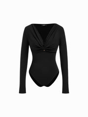 V-neck Long Sleeve Ruched Bodysuit