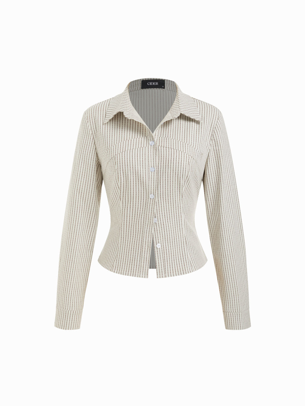 Cotton-blend Striped Collar Long Sleeve Cinched Waist Shirt
