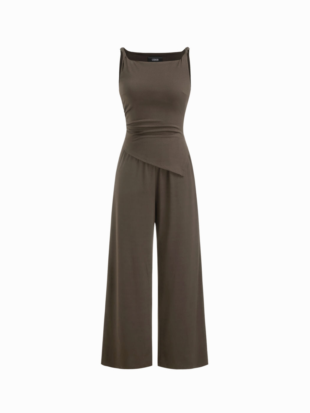 Boat Neck Ruched Asymmetrical Hem Wide Leg Jumpsuit