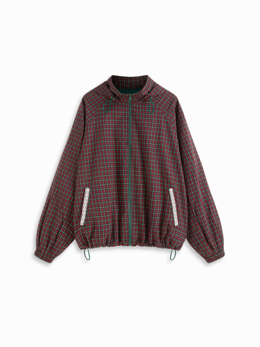 Cotton Plaid Hooded Drawstring Contrasting Lace Oversized Jacket