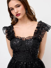 Sequins Square Neck Ruffle Lettuce Trim Tulle Mini Dress