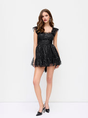 Sequins Square Neck Ruffle Lettuce Trim Tulle Mini Dress