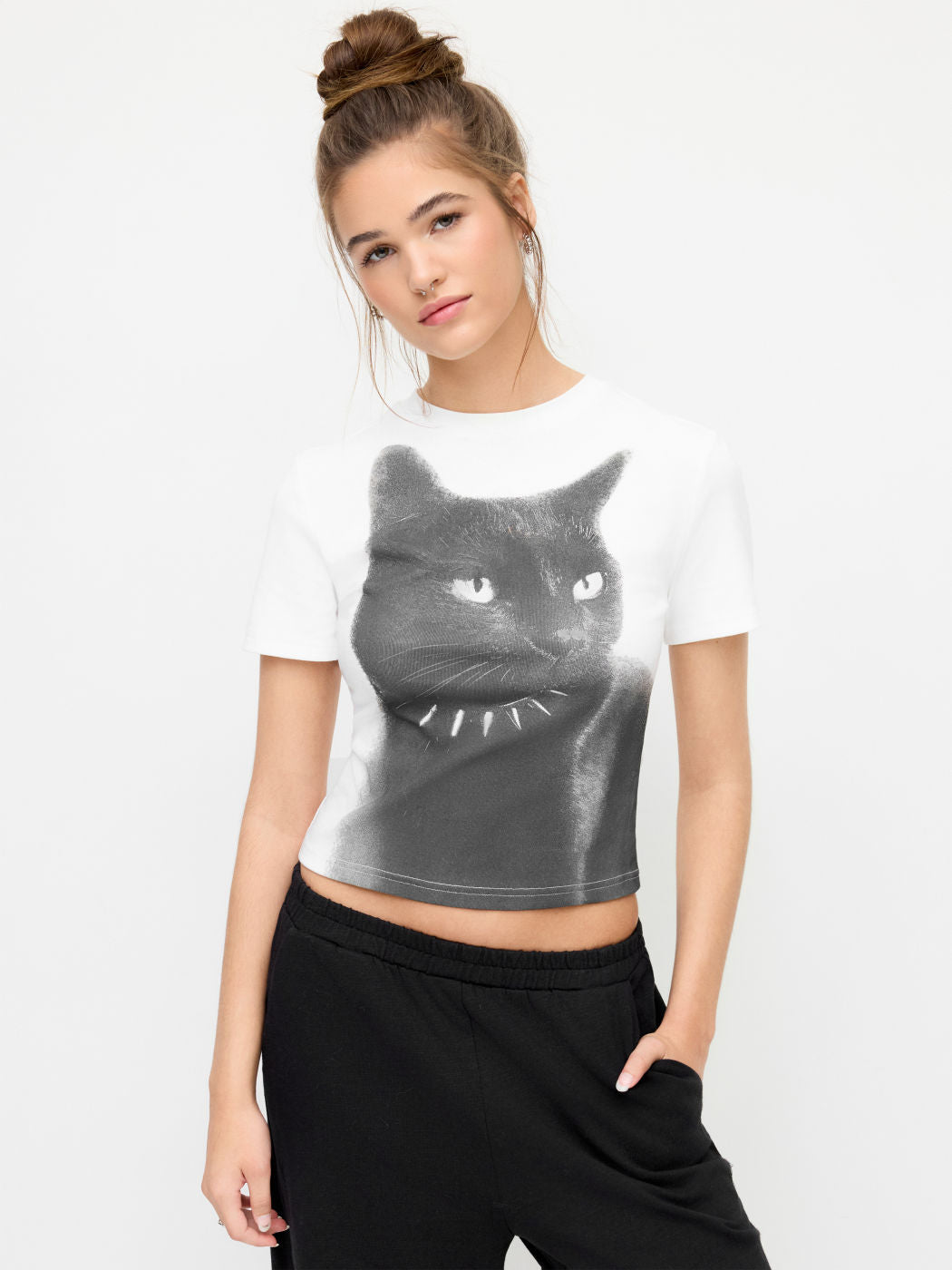 Cotton-blend Cat Graphic Round Neckline Short Sleeve Tee