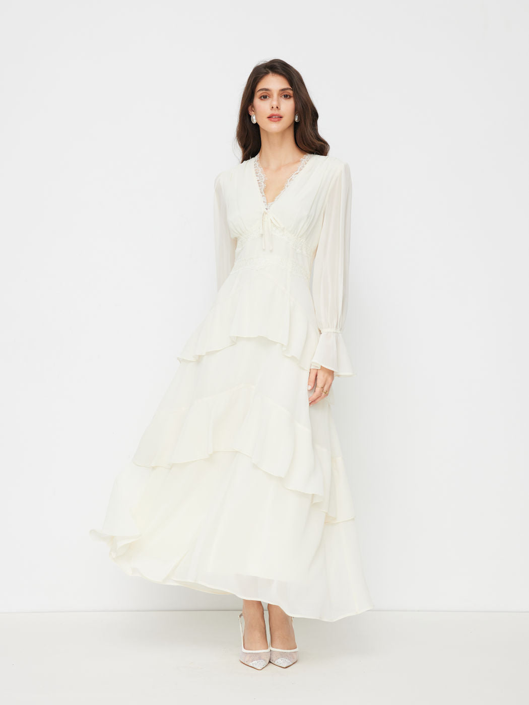 Satin V-neck Lace Trim Bowknot Layered Ruffle Bell Sleeve Maxi Dress