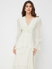 Satin V-neck Lace Trim Bowknot Layered Ruffle Bell Sleeve Maxi Dress