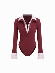 Two Tone Cotton Collar Striped Long Sleeve Bodysuit