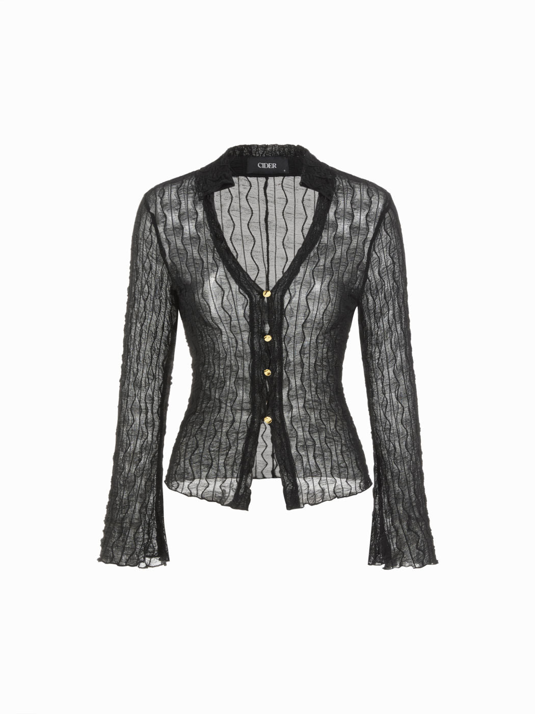 V-neck Lace See-through Lettuce Trim Long Sleeve Top