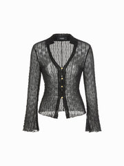 V-neck Lace See-through Lettuce Trim Long Sleeve Top