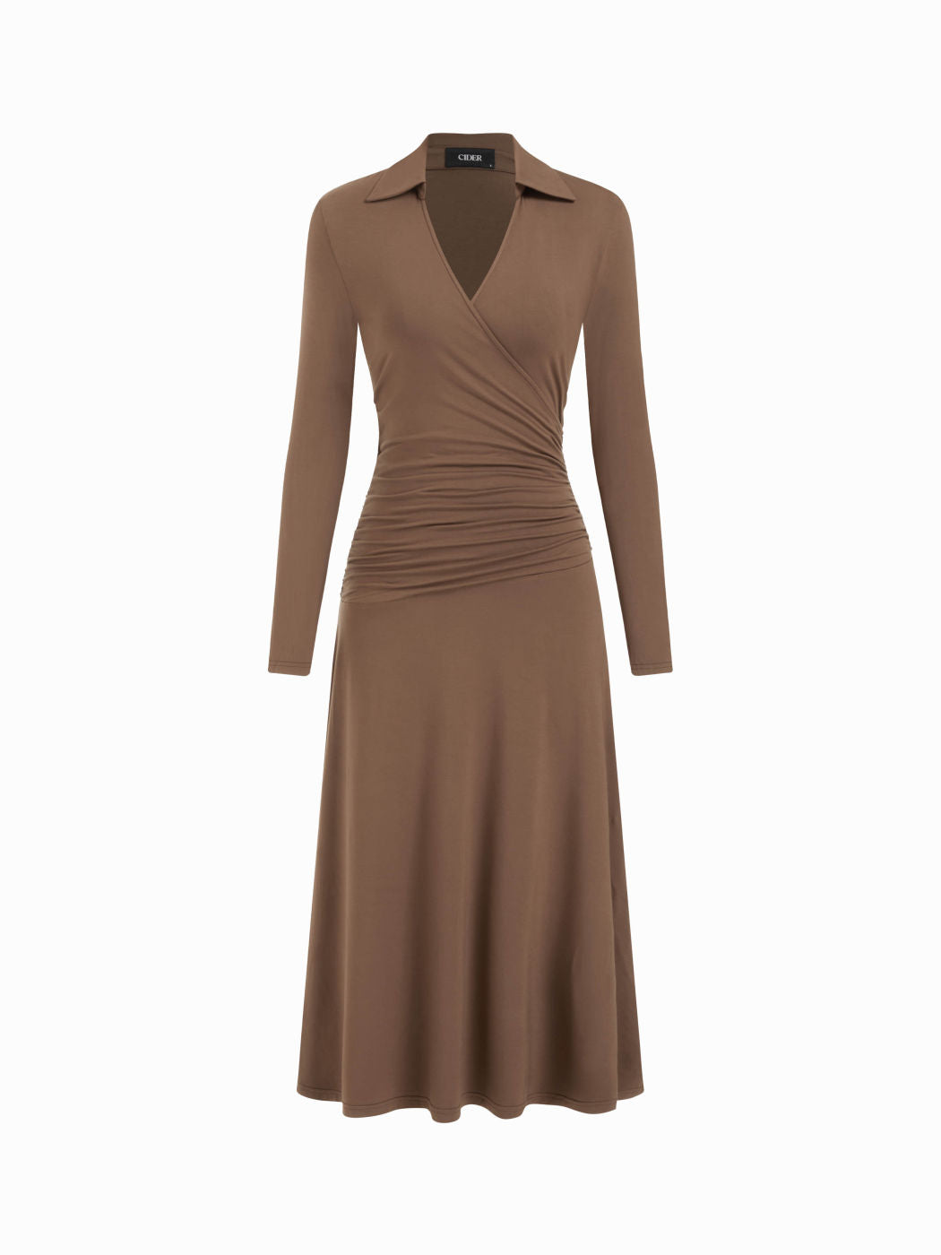 Collar V-neck Long Sleeve Wrap Ruched A-line Maxi Dress