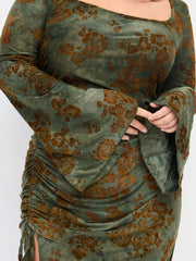 Scoop Neckline Floral Ruched Drawstring Maxi Dress Curve & Plus