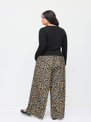 Round Neckline Long Sleeve Top & Mid Rise Leopard Elastic Waist Wide Leg Trousers Set Curve & Plus