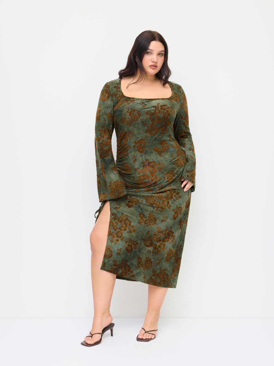 Scoop Neckline Floral Ruched Drawstring Maxi Dress Curve & Plus