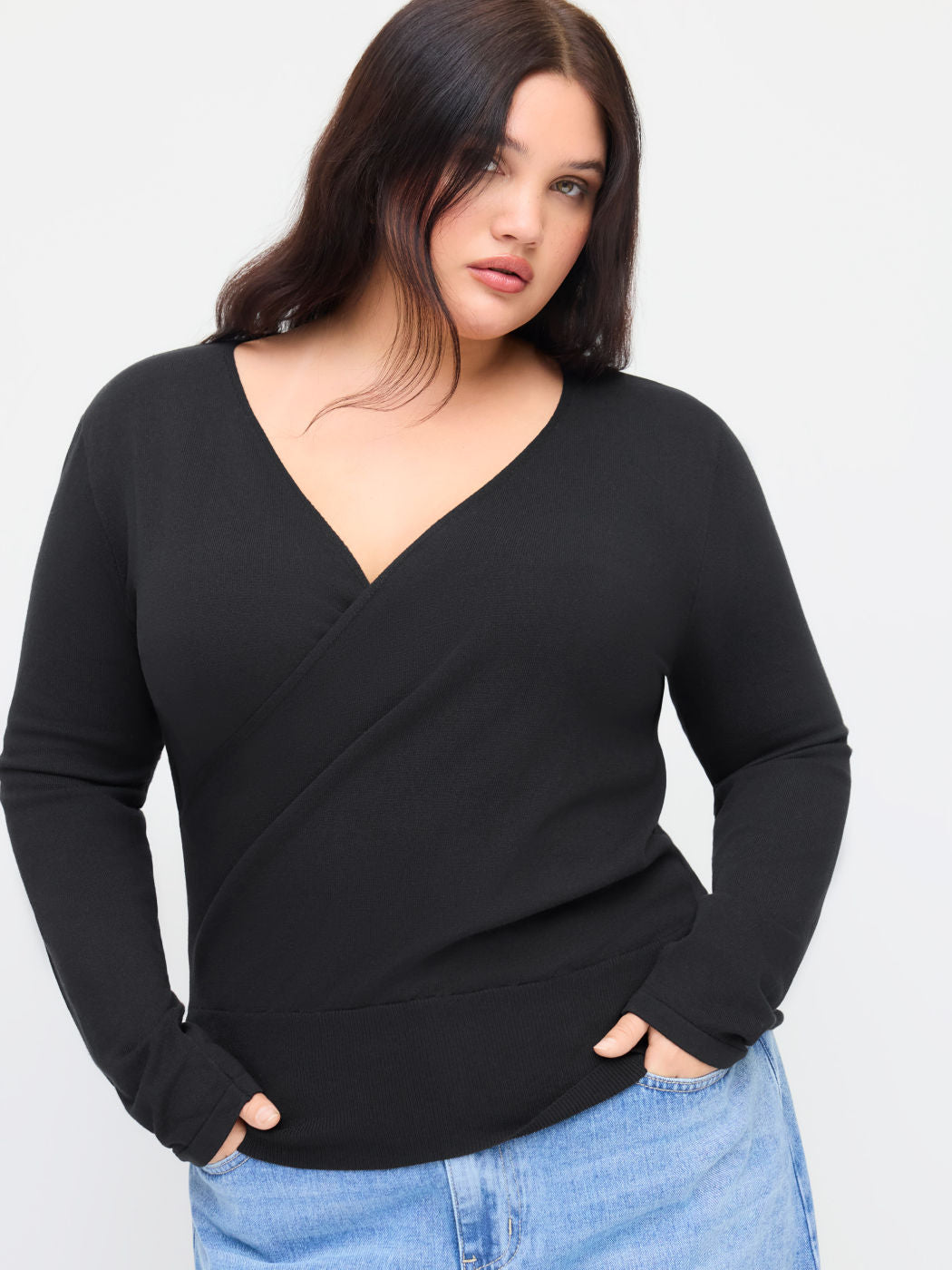 Knit V-neck Long Sleeve Cinched Waist Top Curve & Plus