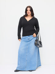 Knit V-neck Long Sleeve Cinched Waist Top Curve & Plus