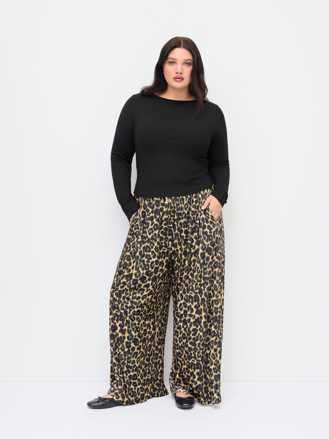 Round Neckline Long Sleeve Top & Mid Rise Leopard Elastic Waist Wide Leg Trousers Set Curve & Plus