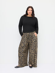 Round Neckline Long Sleeve Top & Mid Rise Leopard Elastic Waist Wide Leg Trousers Set Curve & Plus