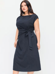 Boat Neck Stripe Knotted Ruched Midi Dress Curve & Plus
