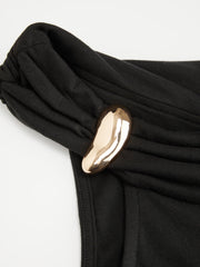 Cotton-blend Asymmetrical Neck Metal Button Bubble Hem Maxi Dress