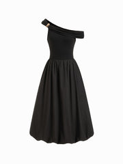Cotton-blend Asymmetrical Neck Metal Button Bubble Hem Maxi Dress