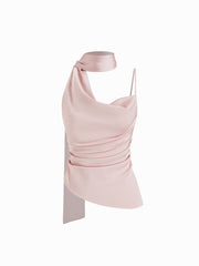Satin Ruched Asymmetrical Hem Cami Blouse With Scarf
