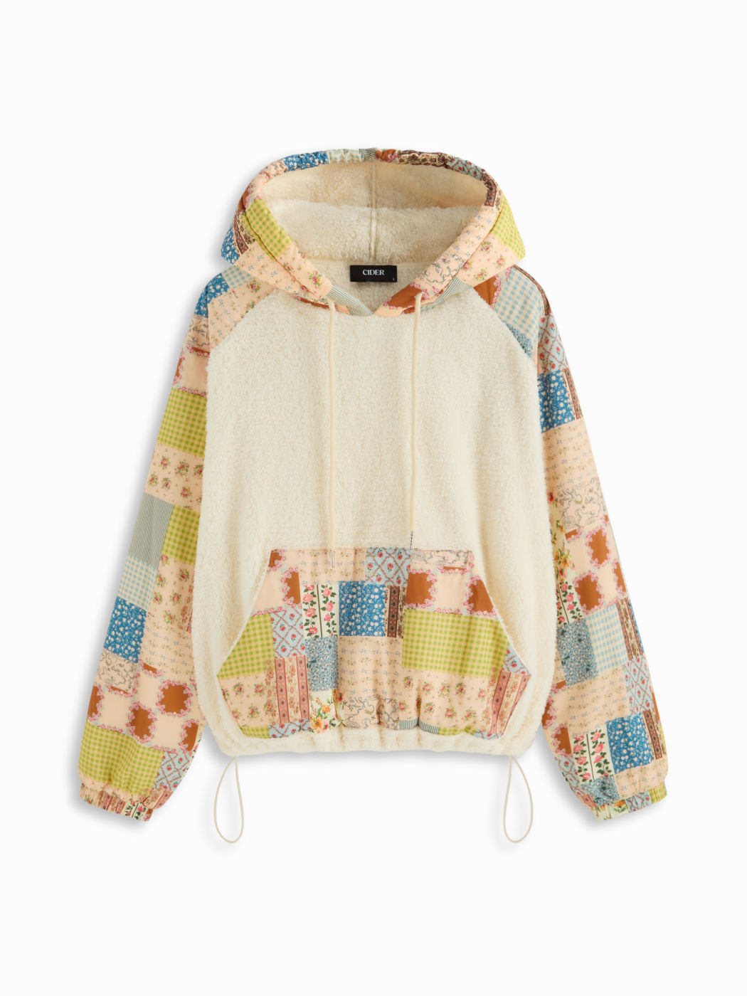 Fleece Geometric & Ditsy Floral Patched Drawstring Oversized Hoodie