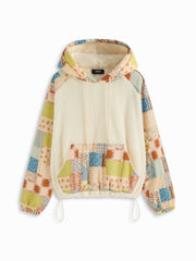 Fleece Geometric & Ditsy Floral Patched Drawstring Oversized Hoodie