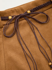 Suede Mid Rise Hanky Hem Mini Skirt With Belt