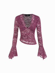 Lace V-neck Ruched Asymmetrical Hem Top