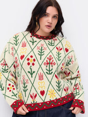 Knit Round Neckline Floral Contrasting Binding Top Curve & Plus