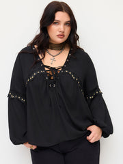 V-neck Metallic Floral Applique Lace Up Blouse With Cami Top Curve & Plus