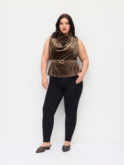 Velvet High Neck Metal Detail Belted Elastic Waist Tank Top Curve & Plus