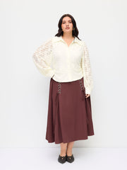 Lace Collar Long Sleeve Ruched Cinched Waist Button Top Curve & Plus