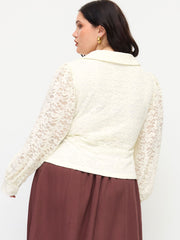 Lace Collar Long Sleeve Ruched Cinched Waist Button Top Curve & Plus